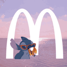 stitch is eating a hamburger in front of a mcdonalds logo