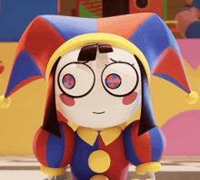 a cartoon character wearing a colorful jester hat and polka dot pants