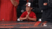 a young boy is sitting in the stands at a baseball game wearing a red shirt and a hat .