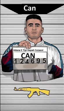 a cartoon of a man holding a sign that says " can "