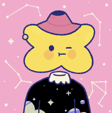 a cartoon of a yellow star wearing a pink hat