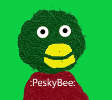 a green duck wearing a red shirt that says pesky bee