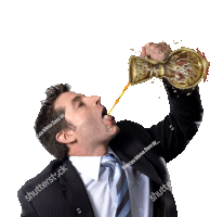 a man in a suit and tie is drinking from a trophy with the name marcos mesa sam w. on the bottom