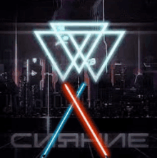 two lightsabers are crossed in front of a neon sign that says cuane