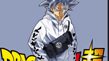 a drawing of a man with a hoodie that says goku on it