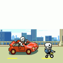 a pixel art of two skeletons driving a car