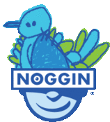 a logo for noggin shows a smiling face and a bird