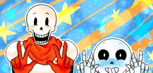 a cartoon drawing of papyrus and sans with a blue background