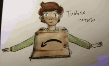 a drawing of a boy in a cardboard box with the name tubbox written below him