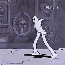 a cartoon of a ghost walking in front of a skull and a play button