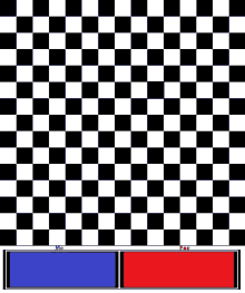 a black and white checkered background with a blue and red bar in the middle