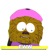 a cartoon character with a beard and a pink hat says eww