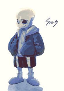 a drawing of a skeleton with the word gang written below him