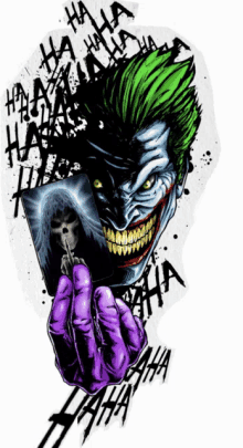 the joker is holding a card with a grim reaper on it and says ha