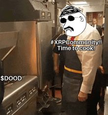 a man cooking in a kitchen with the words xrp community time to cook $ dood