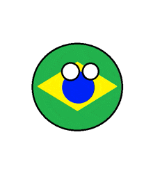 a green circle with a yellow and blue flag and two white eyes on it