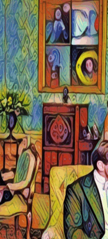 a colorful painting of a living room with a man sitting in a chair