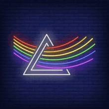 a neon sign with a triangle and rainbow lines on a dark brick wall background .