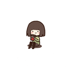 a cartoon girl with short brown hair is sitting on the ground eating a chocolate bar