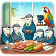 a group of otters sitting around a table with food and a parrot