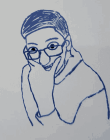 a drawing of a man with glasses covering his mouth