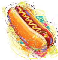 a colorful drawing of a hot dog with mustard on top