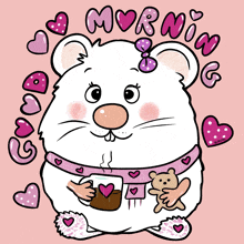 a cartoon of a hamster holding a cup of coffee and a teddy bear says morning