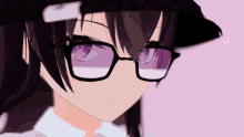 a close up of a girl wearing glasses with purple eyes