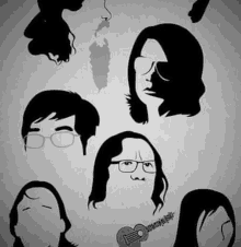 a black and white drawing of a group of people 's faces and a guitar .