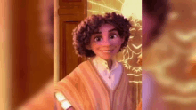 a close up of a cartoon character with curly hair wearing a poncho and smiling .