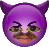 a purple face with horns and a mustache on it