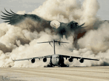 a bald eagle is flying over a military plane with smoke coming out of it