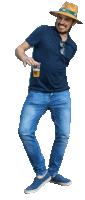 a man wearing a blue shirt and a straw hat holds a cup of beer