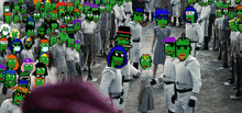 a pixelated image of a crowd of people with green faces on them