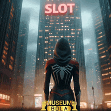 a woman in a superhero costume stands in front of a building that says slot