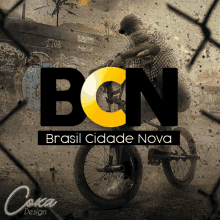 a man riding a bike with bcn brasil cidade nova written on it