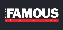 a logo for club famous shoes stores is displayed on a black background