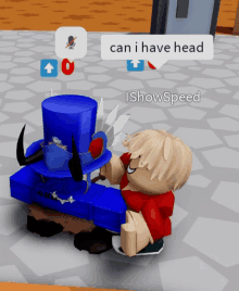 a cartoon character says can i have head in front of a blue top hat