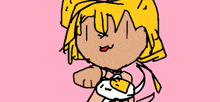 a cartoon drawing of a girl with yellow hair holding a chicken on a pink background