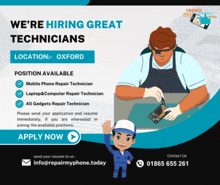 an advertisement for a mobile phone repair technician says we 're hiring great technicians