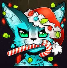 a blue cat wearing a santa hat holds a candy cane in its mouth