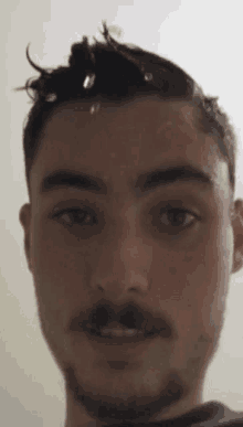 a close up of a man 's face with water drops on his hair