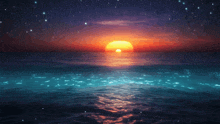 a sunset over a body of water with a starry sky