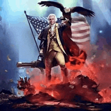 a painting of george washington holding an american flag and a cannon