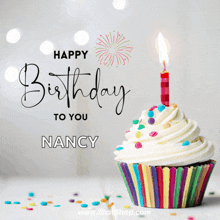 a birthday card for nancy with a cupcake and a lit candle