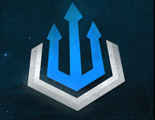 a blue and white logo with a trident on a dark background