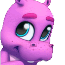 a close up of a pink cartoon hippopotamus 's face with big eyes .