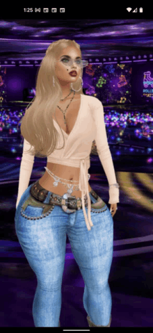 a woman in a crop top and jeans is standing in front of a stage with a sign that says ' club ' on it