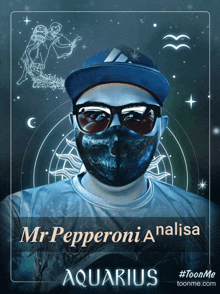 a poster for mr pepperoni analisa aquarius with a man wearing a mask