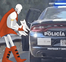 a cartoon of papyrus holding a dog in front of a police car